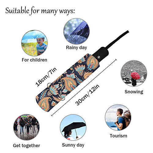 Paraguas de viaje plegable, diseño de Paisley indio, para exteriores, apertura automática, compacta a prueba de viento, para niñas/mujeres/adultos