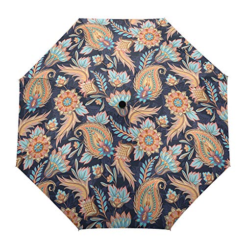 Paraguas de viaje plegable, diseño de Paisley indio, para exteriores, apertura automática, compacta a prueba de viento, para niñas/mujeres/adultos