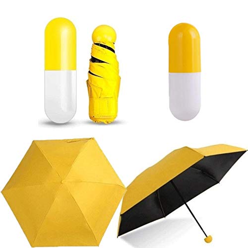 Paraguas Mini Paraguas pequeño Plegable con Caja de Pastillas Caja de Bolsillo Sombrilla de Bolsillo Protección contra la Lluvia Protección UV Portátil Paraguas de Viaje Amarillo