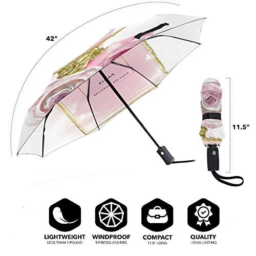Paraguas plegable de viaje, botella de perfume de moda floral de oro rosa TRIF-Old paraguas a prueba de viento para mujeres con protección UV Auto abierto y cierre