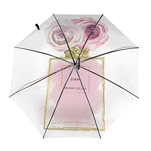 Paraguas plegable de viaje, botella de perfume de moda floral de oro rosa TRIF-Old paraguas a prueba de viento para mujeres con protección UV Auto abierto y cierre