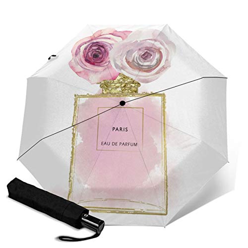 Paraguas plegable de viaje, botella de perfume de moda floral de oro rosa TRIF-Old paraguas a prueba de viento para mujeres con protección UV Auto abierto y cierre