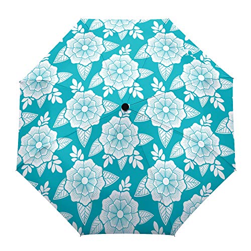 Paraguas plegable de viaje, diseño tradicional japonés de flores azules, para exteriores, apertura y cierre automático, compacto, resistente al viento, para niñas/mujeres y adultos