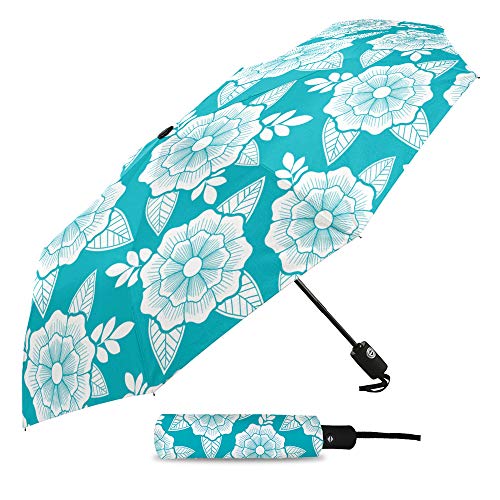 Paraguas plegable de viaje, diseño tradicional japonés de flores azules, para exteriores, apertura y cierre automático, compacto, resistente al viento, para niñas/mujeres y adultos