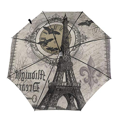 Paraguas plegable de viaje, moderno vintage francés de Halloween Torre Eiffel automática TRIF-Old paraguas a prueba de viento para mujeres con protección UV Auto abierto y cierre