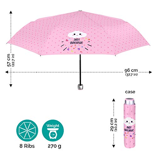Paraguas Plegable Mujer Chica Rosa con Frases Divertidos Just Breathe - Paraguas Mini Liso Resistente Antiviento Varillas de Fibra de Vidrio - Manual - PFC FREE - Diametro 97 cm - Perletti Time (Rosa)