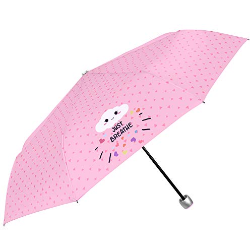 Paraguas Plegable Mujer Chica Rosa con Frases Divertidos Just Breathe - Paraguas Mini Liso Resistente Antiviento Varillas de Fibra de Vidrio - Manual - PFC FREE - Diametro 97 cm - Perletti Time (Rosa)