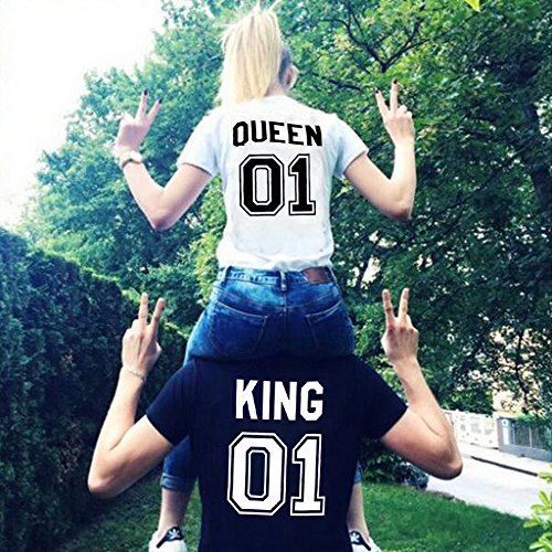 Parejas Camiseta King Queen T-Shirt 100% Algodón Shirts Impresión 01 2 Piezas de Manga Corta Rey Reina Regalo de San Jorge Camisa Casual Para Amante(Black+White,M+S)