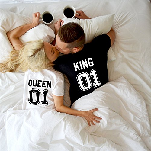 Parejas Camiseta King Queen T-Shirt 100% Algodón Shirts Impresión 01 2 Piezas de Manga Corta Rey Reina Regalo de San Jorge Camisa Casual Para Amante(Black+White,M+S)