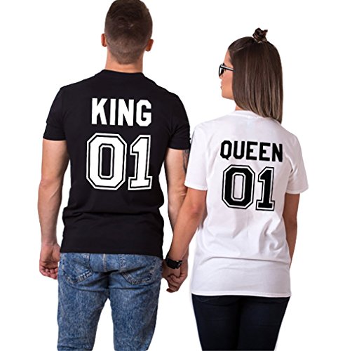 Parejas Camiseta King Queen T-Shirt 100% Algodón Shirts Impresión 01 2 Piezas de Manga Corta Rey Reina Regalo de San Jorge Camisa Casual Para Amante(Black+White,M+S)