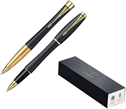 PARKER Set doble juego de boligrafo y pluma para regalo. Punta redonda. Acabados en negro con adorno dorado y con adorno plateado. Modelo 1263082