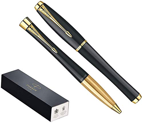 PARKER Set doble juego de boligrafo y pluma para regalo. Punta redonda. Acabados en negro con adorno dorado y con adorno plateado. Modelo 1263082