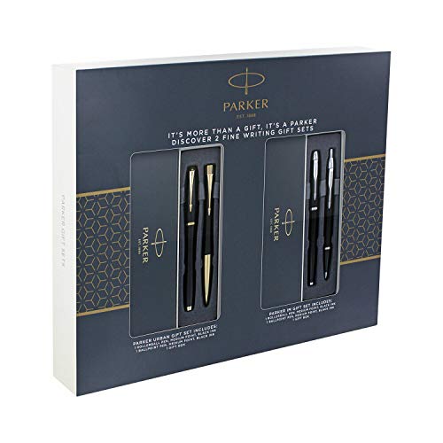 PARKER Set doble juego de boligrafo y pluma para regalo. Punta redonda. Acabados en negro con adorno dorado y con adorno plateado. Modelo 1263082