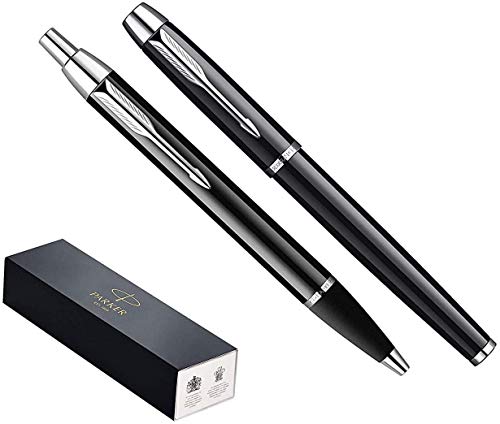PARKER Set doble juego de boligrafo y pluma para regalo. Punta redonda. Acabados en negro con adorno dorado y con adorno plateado. Modelo 1263082