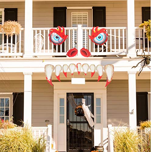 PATAZOK Monstruo de Halloween Cara Decoración, Pegatinas de Puerta de Ojos Colmillos,Patas para Coche, Ventana, Pared, Puerta Garaje, Casas Embrujadas, Accesorios Para Decoración de Fiestas (Rojo)