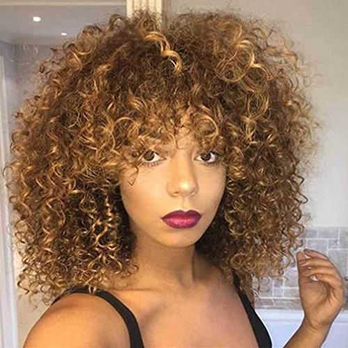 Peluca de fibras sintéticas, mezcla de rubio y castaño, pelo estilo afro y rizado
