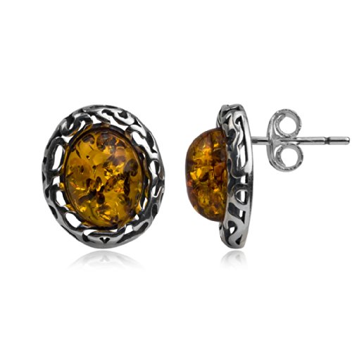 Pendientes de tuerca ovalados de plata de ley con ámbar miel