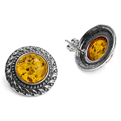 Pendientes redondos clásicos de plata de ley ámbar de miel