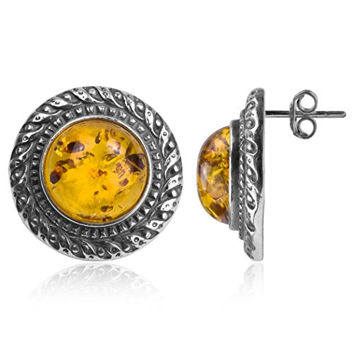 Pendientes redondos clásicos de plata de ley ámbar de miel