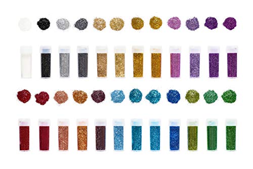 perfect ideaz set de brillantinas en polvo de colores, 24 x 10g (240g), en 24 colores, para manualidades en botes con tapón dosificador, set para decorar tarjetas y papel
