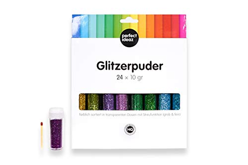 perfect ideaz set de brillantinas en polvo de colores, 24 x 10g (240g), en 24 colores, para manualidades en botes con tapón dosificador, set para decorar tarjetas y papel