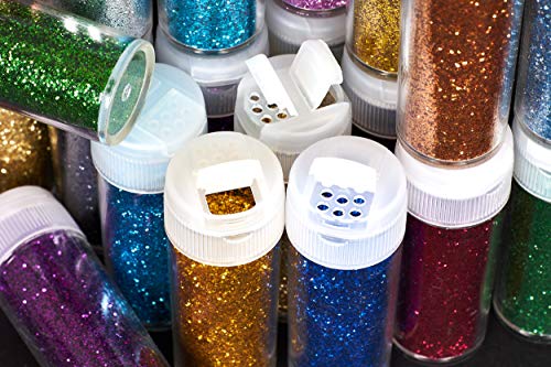 perfect ideaz set de brillantinas en polvo de colores, 24 x 10g (240g), en 24 colores, para manualidades en botes con tapón dosificador, set para decorar tarjetas y papel