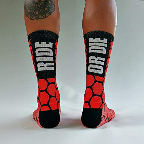 PERRO LOCO Calcetines compresivos de Ciclismo con Refuerzo en prepuntera. Edición Limitada. (Ride OR Die Rojo, 43-45)
