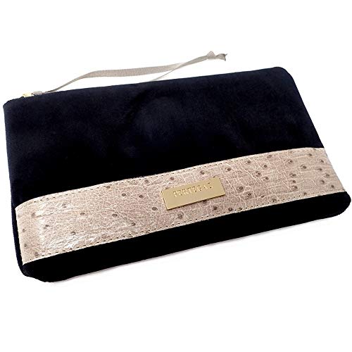 Pertegaz Bolso De Mano Clutch Velvet Negro Terciopelo Franja Piel Beige Chapa Dorada Cremallera Tira