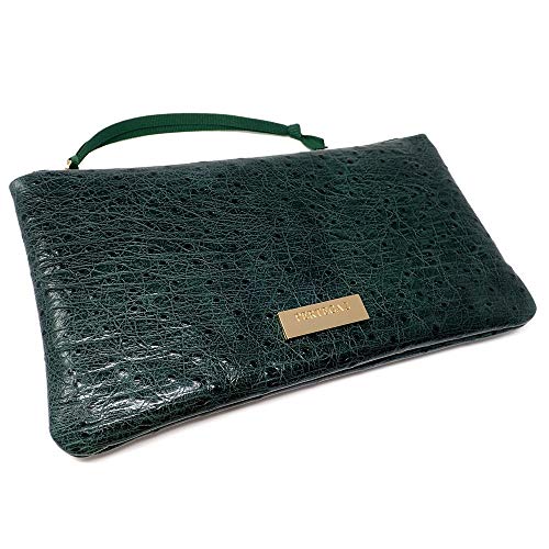 Pertegaz Bolso De Mano Clutch Verde Oscuro Piel Chapa Dorada Cierre Cremallera Tira Tela