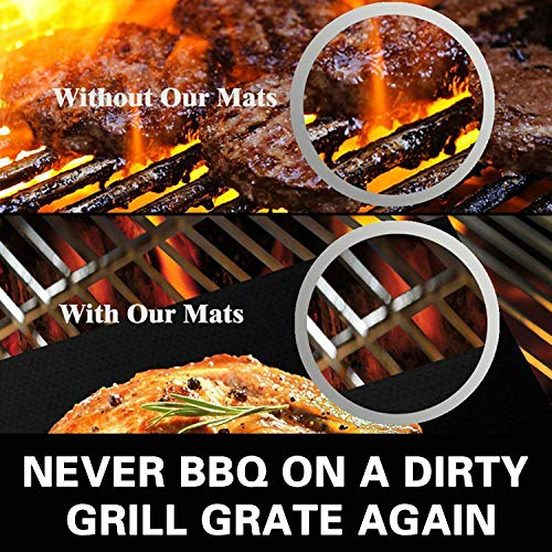 PEYOU Estera Barbacoa, 5 Piezas Estera para Parrilla de Barbacoa Extra Grueso, Antiadherente, Reutilizable, Fácil de Limpiar, con 1 Piezas Silicona, para Hornear, Grill, Barbacoa,Negro 40x33cm