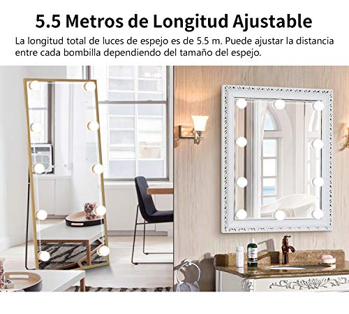 PEYOU Luces de Espejo Maquillaje, 5.5m Kit LED Luz de Tocador con 10 Bombillas Regulables y 20 pcs Pegatinas, Carga USB, 3 Modos Ajustable de Color de Luz(Sin Espejo y Cargador USB)