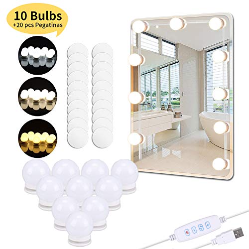 PEYOU Luces de Espejo Maquillaje, 5.5m Kit LED Luz de Tocador con 10 Bombillas Regulables y 20 pcs Pegatinas, Carga USB, 3 Modos Ajustable de Color de Luz(Sin Espejo y Cargador USB)