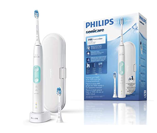 Philips Sonicare ProtectiveClean HX6857/17 - Cepillo de dientes eléctrico con sensor de presión, tecnología BrushSync, 3 modos de limpieza con 2 cabezales y estuche de viaje, color blanco