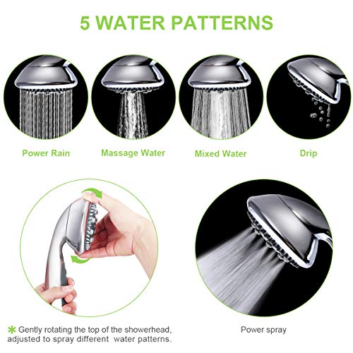 Philorn Ducha Alta Presión de Mano Alcachofas móviles para ducha con Manguera 5 Modos de Chorro de Agua Cabeza de Ducha con Flexo de Ducha Universal metálico Simple 1,5 m