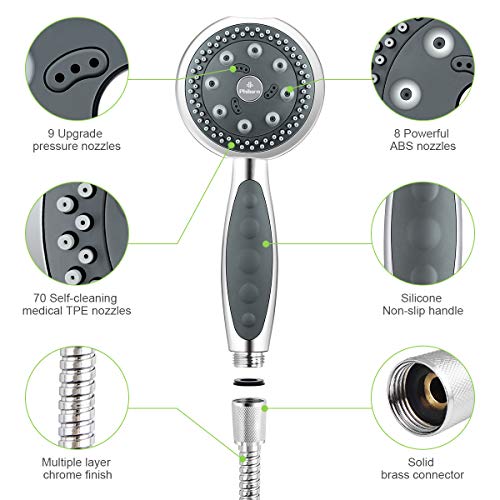 Philorn Ducha Alta Presión de Mano Alcachofas móviles para ducha con Manguera 5 Modos de Chorro de Agua Cabeza de Ducha con Flexo de Ducha Universal metálico Simple 1,5 m