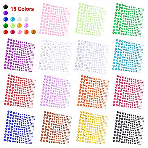 Phogary Autoadhesivo Etiqueta engomada del Rhinestone 3375 Piezas Cristal en 5 tamaño 15 colores Bling Craft Jewels Gem Stickers para Crafts