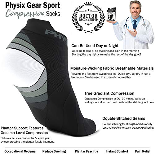 Physix Gear Sport Calcetines Running Hombres y Mujeres, los Mejores Calcetines de compresión, Calcetines Tobilleros para la Fascitis Plantar Hombre y Mujer, 2 Pares, L/XL Blanco/Negro