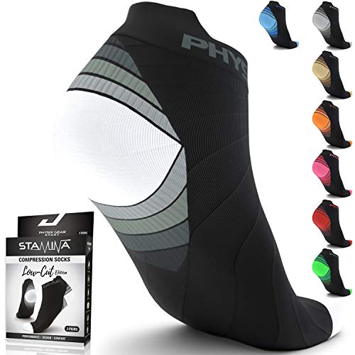 Physix Gear Sport Calcetines Running Hombres y Mujeres, los Mejores Calcetines de compresión, Calcetines Tobilleros para la Fascitis Plantar Hombre y Mujer, 2 Pares, L/XL Blanco/Negro