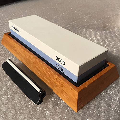 Piedra de Afilar Cuchillos, Piedras de Afilar Profesionales Gubias, con Base de Bambú, Almohadilla de Silicona Guía de Ángulo para Tales Como Cuchillo de Cocina, Cizalla, Navaja de Bolsillo