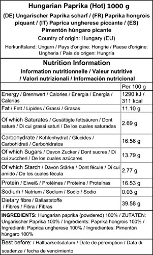 Pimentón húngaro calidad premium dulce / picante / ahumado (origen: Kalocsa, Hungría) (Picante 1000g)