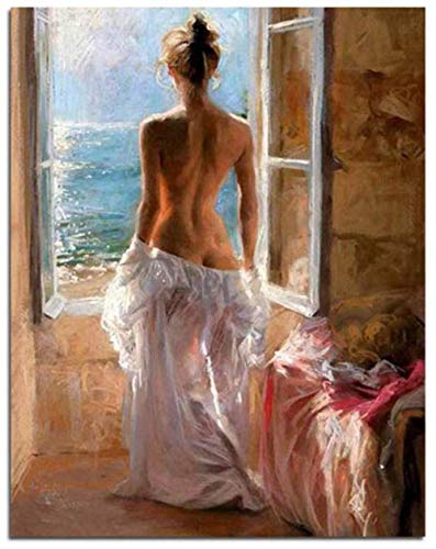 Pintar por Numeros Adultos Niños, DIY Pintura, Chica desnuda junto a la ventana - Con Marco de Madera - 40x50cm