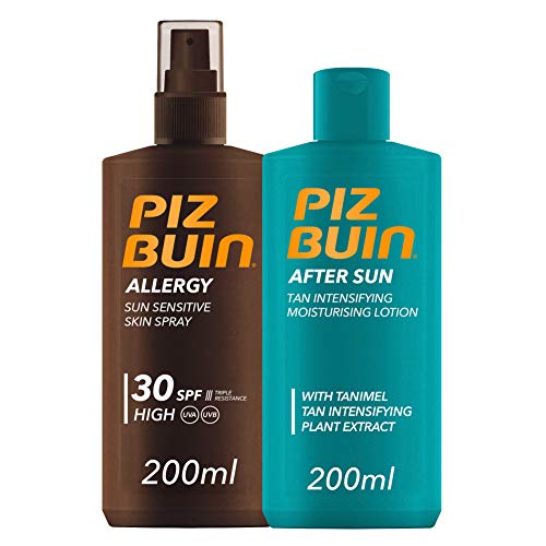 Piz Buin, Allergy, Spray Piel Sensible, Cuerpo, SPF 30, Protección alta, 200ml + After Sun Loción Intensificadora del bronceado, 200ml