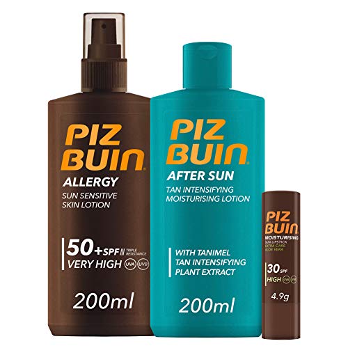 Piz Buin,Allergy,Spray Piel Sensible, SPF 50+, 200ml + After Sun Loción Intensificadora del bronceado,200ml + Moisturising Stick Labial,SPF 30,4,9g