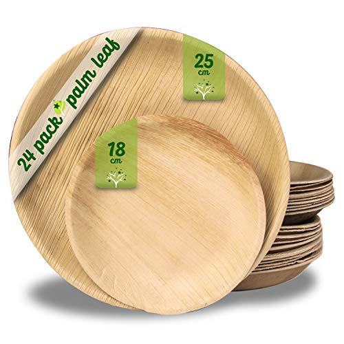Platos desechables de hoja de palma 24 Piezas, 12 Platos redondo de 25 cm y 12 Platos de 18 cm. vajilla rustica de madera para barbacoas y fiesta de cumpleaños. Biodegradable libre de plástico.