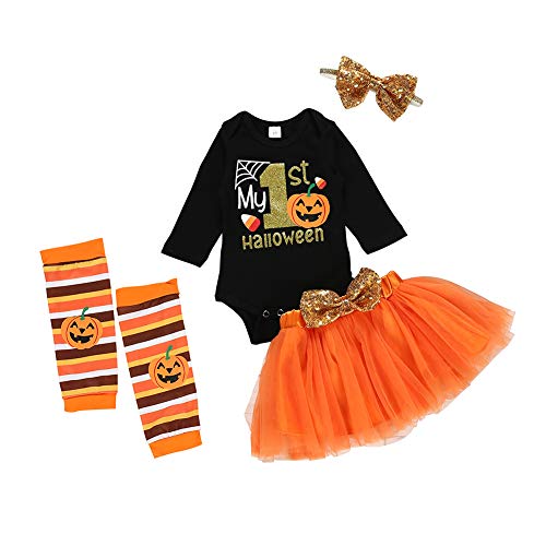Poseca Trajes de Halloween para bebés 0-24meses Recién Nacido Mi Primer Disfraz de Halloween Disfraz de Calabaza para bebé Vestido de tutú Mameluco para bebés Conjunto de Trajes para niños 4pcs
