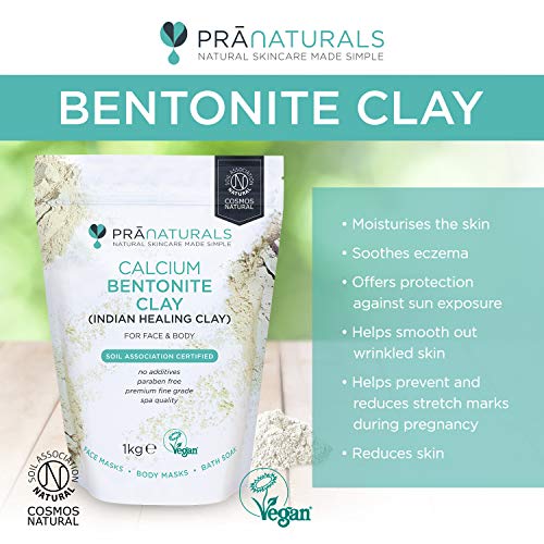 PraNaturals Máscara de arcilla bentonita de 1 kg, limpieza profunda natural de poros Montmorillonite, calcio activo, máscara de arcilla pura, 100% orgánico antienvejecimiento y curación facial