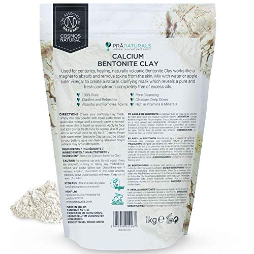 PraNaturals Máscara de arcilla bentonita de 1 kg, limpieza profunda natural de poros Montmorillonite, calcio activo, máscara de arcilla pura, 100% orgánico antienvejecimiento y curación facial