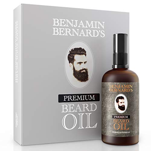 Premium Beard Oil by Benjamin Bernard - Male Grooming Blend with Essential Oils, Vitamin E - Natural Hydrating Treatment - Facial Hair Shaping Serum and Softener for Men - Tobacco Vanille - 100ml