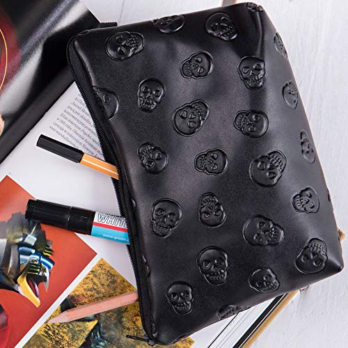 PREMYO Neceser de Maquillaje Estuche Escolar Pochette para Cosméticos Bolsa de Aseo Pequeña Práctico Estampado Impresión Diseño Cráneo Negro