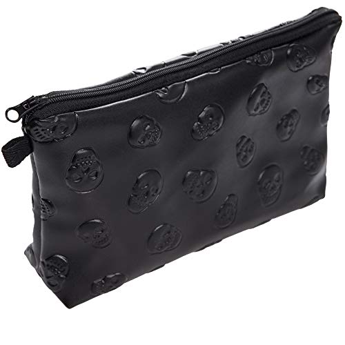 PREMYO Neceser de Maquillaje Estuche Escolar Pochette para Cosméticos Bolsa de Aseo Pequeña Práctico Estampado Impresión Diseño Cráneo Negro